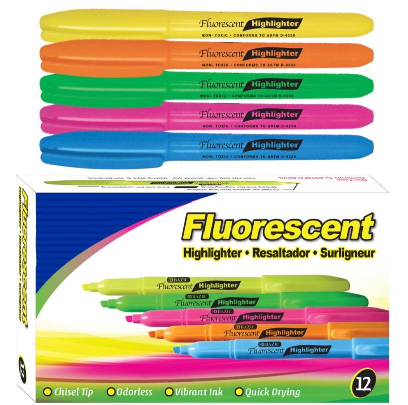 72/144 PACKS | $1.31 ~ $2.78 PER PACK || Pen Style Fluorescent Highlighter Yellow w/ Pocket Clip (5/Pk)