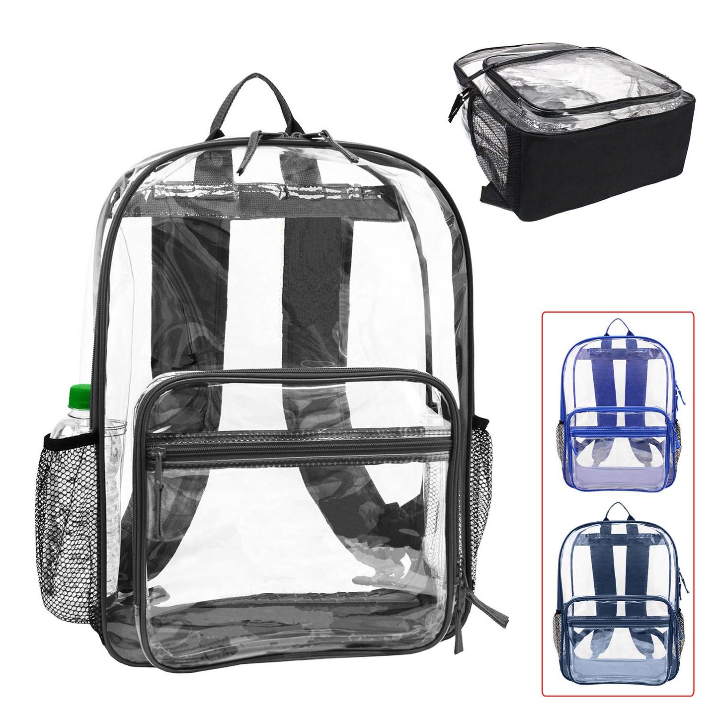 Wholesale Case Lot: 25 pcs 18" Heavy Duty Multi Function Backpack 0.3mm PVC Quality See-Through Student Bookbag ||| 25 PACKS | $8 PER PACK