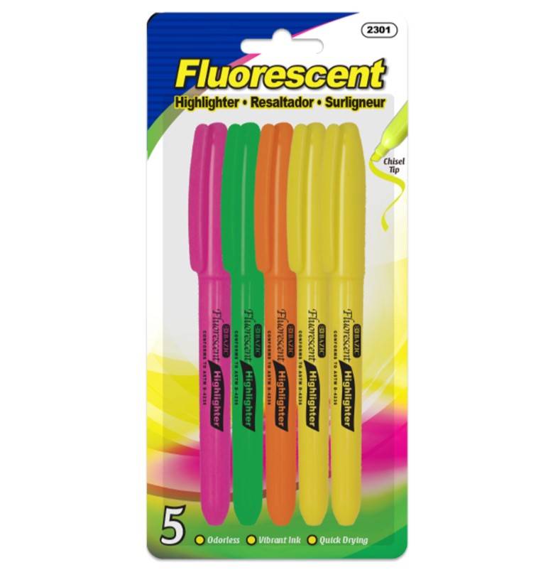 72/144 PACKS | $1.31 ~ $2.78 PER PACK ||    Pen Style Fluorescent Highlighter Yellow w/ Pocket Clip (5/Pk)