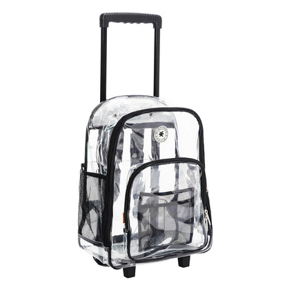 - 4 PACKS | $35.99 PER PACK ||    Wholesale Case Lot: 4pc Rolling Clear Backpack: Heavy-Duty See-Through Daypack with Wheels for School and Travel
