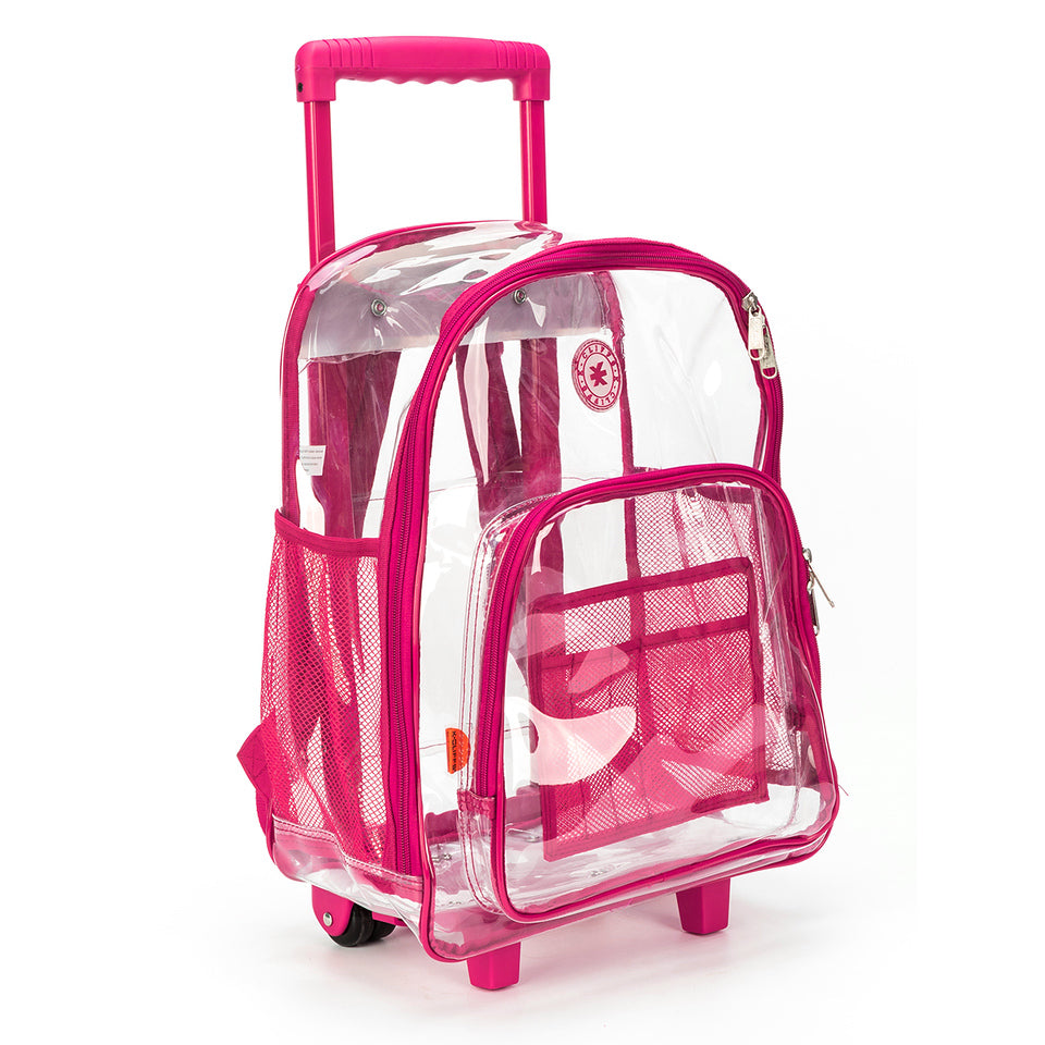 - 4 PACKS | $35.99 PER PACK ||    Wholesale Case Lot: 4pc Rolling Clear Backpack: Heavy-Duty See-Through Daypack with Wheels for School and Travel