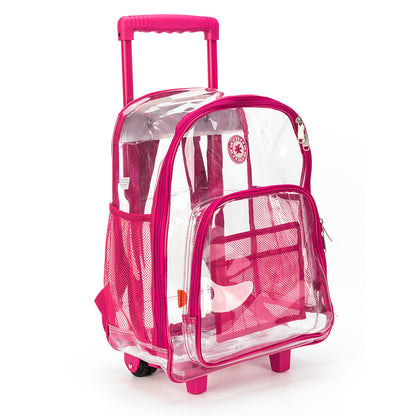 - 4 PACKS | $35.99 PER PACK ||    Wholesale Case Lot: 4pc Rolling Clear Backpack: Heavy-Duty See-Through Daypack with Wheels for School and Travel