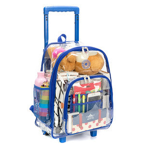 - 4 PACKS | $35.99 PER PACK ||    Wholesale Case Lot: 4pc Rolling Clear Backpack: Heavy-Duty See-Through Daypack with Wheels for School and Travel
