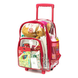 - 4 PACKS | $35.99 PER PACK ||    Wholesale Case Lot: 4pc Rolling Clear Backpack: Heavy-Duty See-Through Daypack with Wheels for School and Travel