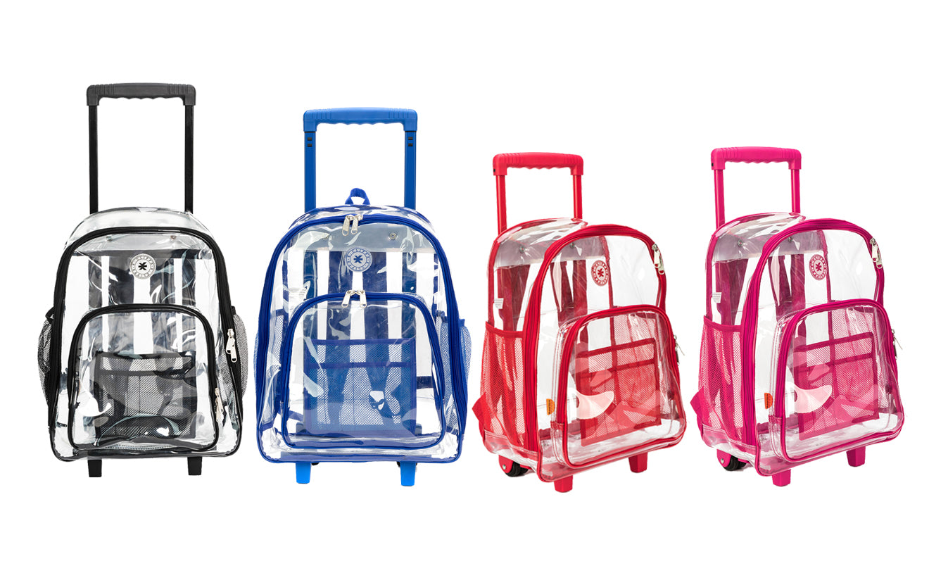 - 4 PACKS | $35.99 PER PACK ||    Wholesale Case Lot: 4pc Rolling Clear Backpack: Heavy-Duty See-Through Daypack with Wheels for School and Travel