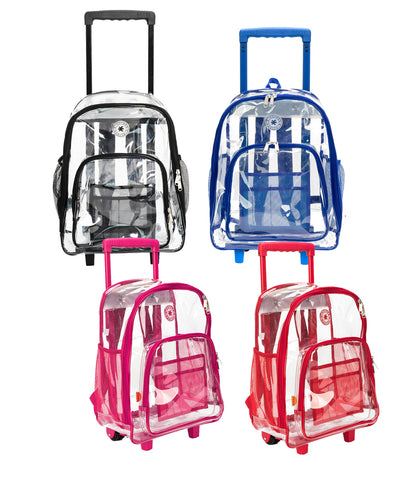 - 4 PACKS | $35.99 PER PACK ||    Wholesale Case Lot: 4pc Rolling Clear Backpack: Heavy-Duty See-Through Daypack with Wheels for School and Travel