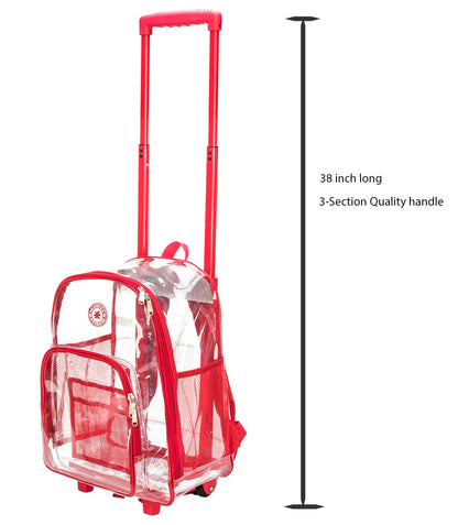 - 4 PACKS | $35.99 PER PACK ||    Wholesale Case Lot: 4pc Rolling Clear Backpack: Heavy-Duty See-Through Daypack with Wheels for School and Travel