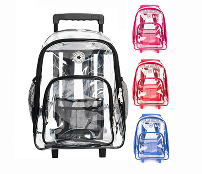 - 4 PACKS | $35.99 PER PACK ||    Wholesale Case Lot: 4pc Rolling Clear Backpack: Heavy-Duty See-Through Daypack with Wheels for School and Travel