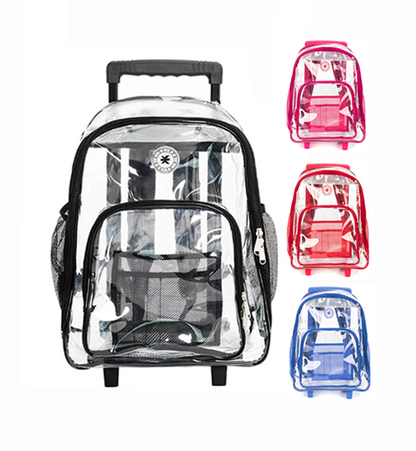 - 4 PACKS | $35.99 PER PACK ||    Wholesale Case Lot: 4pc Rolling Clear Backpack: Heavy-Duty See-Through Daypack with Wheels for School and Travel