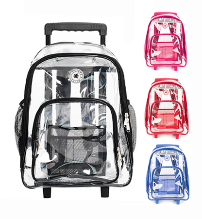 - 4 PACKS | $35.99 PER PACK ||    Wholesale Case Lot: 4pc Rolling Clear Backpack: Heavy-Duty See-Through Daypack with Wheels for School and Travel