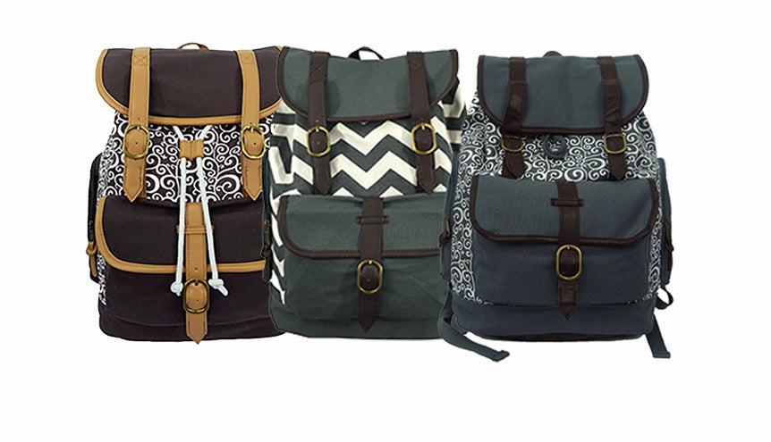 Wholesale Case Lot: 18 Pieces of 18-Inch Printed Cotton Canvas Laptop Backpack with Pattern Design  |||   18 PACKS | $9.99 PER PACK