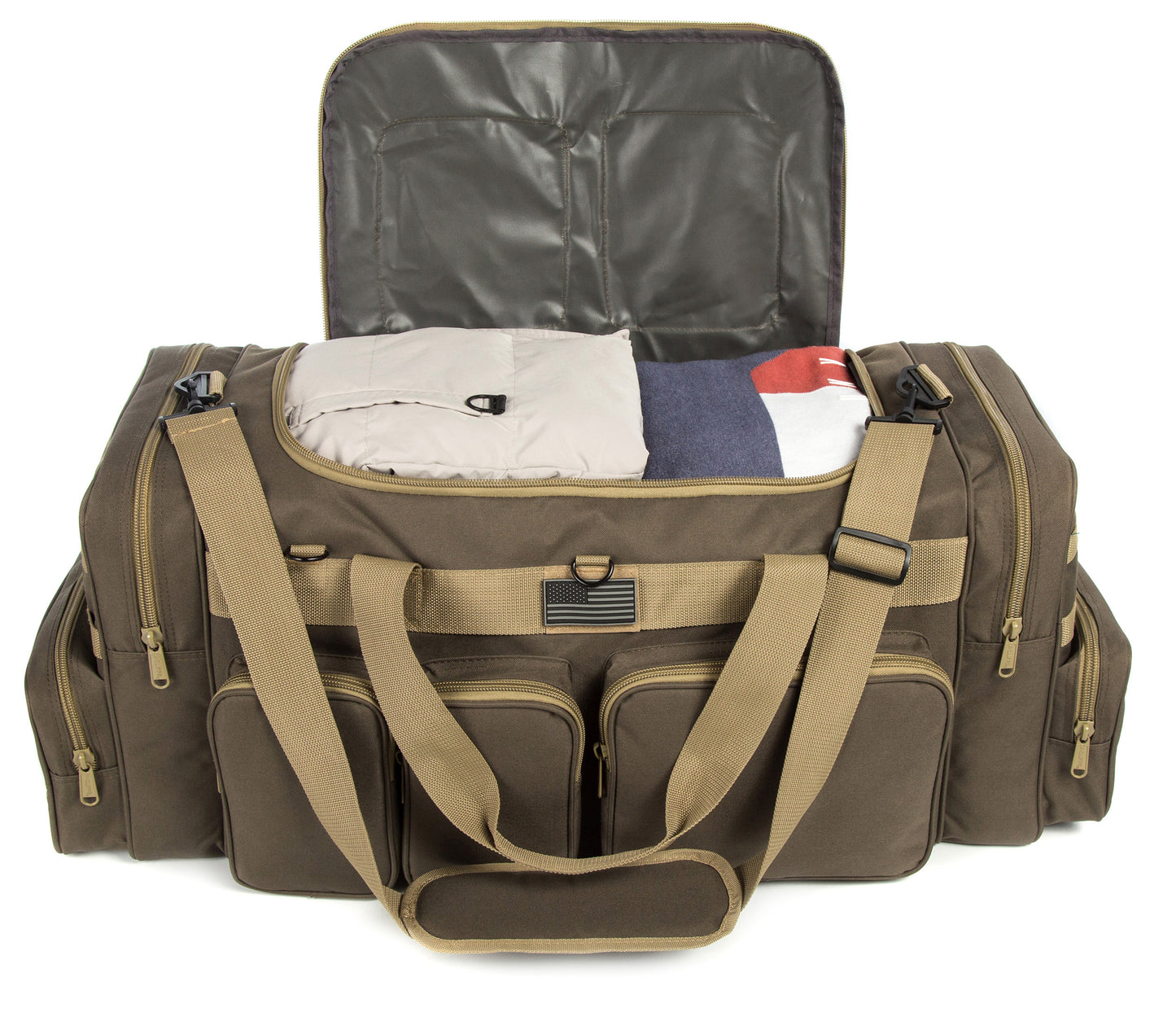 Wholesale Case Lot Tactical Range Duffel Heavy Duty Military Molle Gear Travel Sports Gym Bag Lockable Zippers with US Flag Patch  |||    10/6 PACKS | $35.99/49.99 PER PACK