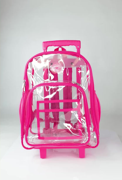 - 4 PACKS | $35.99 PER PACK ||    Wholesale Case Lot: 4pc Rolling Clear Backpack: Heavy-Duty See-Through Daypack with Wheels for School and Travel