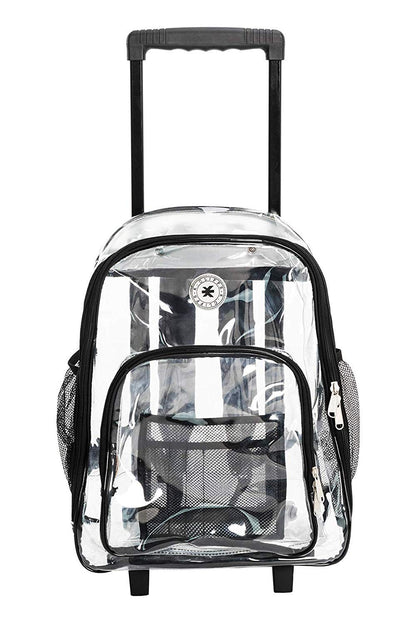 - 4 PACKS | $35.99 PER PACK ||    Wholesale Case Lot: 4pc Rolling Clear Backpack: Heavy-Duty See-Through Daypack with Wheels for School and Travel